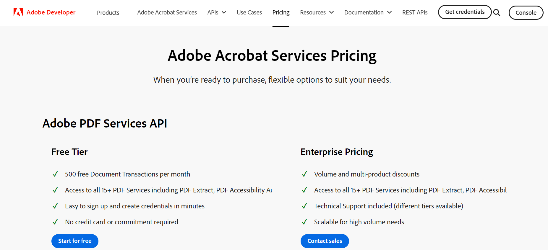 Adobe PDF Services API Pricing