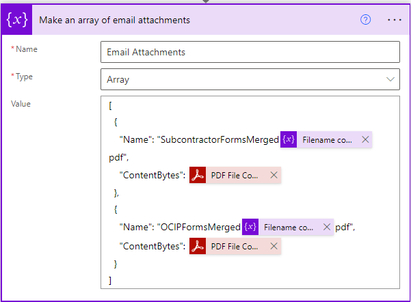 Initialize array variable for email attachments using outputs of Merge PDFs action