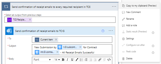 Copy confirmation email actions in Power Automate