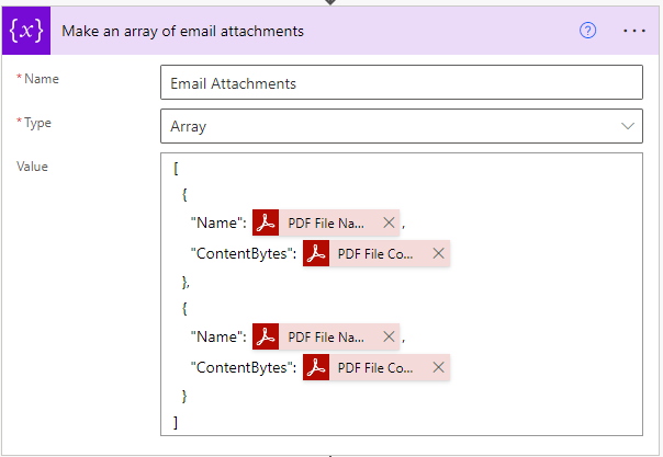 Initialize array variable for email attachments using outputs of Merge PDFs action alternate naming