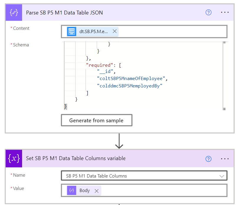 Set data table variable equal to "Parse JSON" action